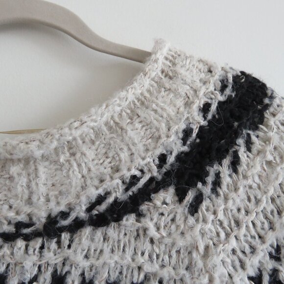 FREE PEOPLE Silver Reed Fair Isle Black White Crochet Wool Boho Sweater Sz XS - Picture 12 of 15